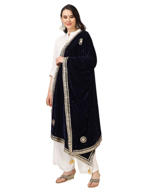 Generic Women's Velvet Gotta Patti Dupatta (Blue, Length: 2.25 to 2.50 Mtr)