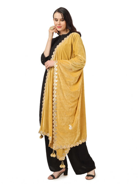 Generic Women's Velvet Gotta Patti Dupatta (Yellow, Length: 2.25 to 2.50 Mtr)