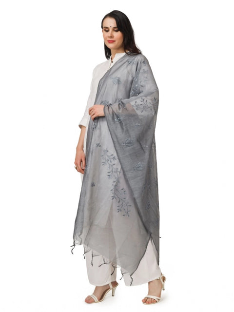 Generic Women's Cotton Embroidered Dupatta (Grey, Length: 2.25 to 2.50 Mtr)