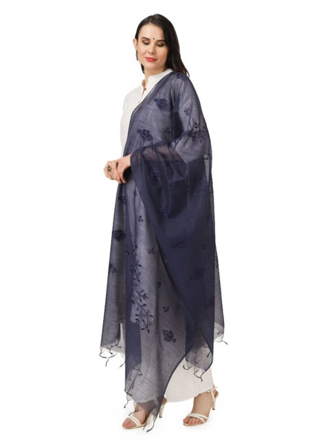 Generic Women's Cotton Embroidered Dupatta (Dark Blue, Length: 2.25 to 2.50 Mtr)