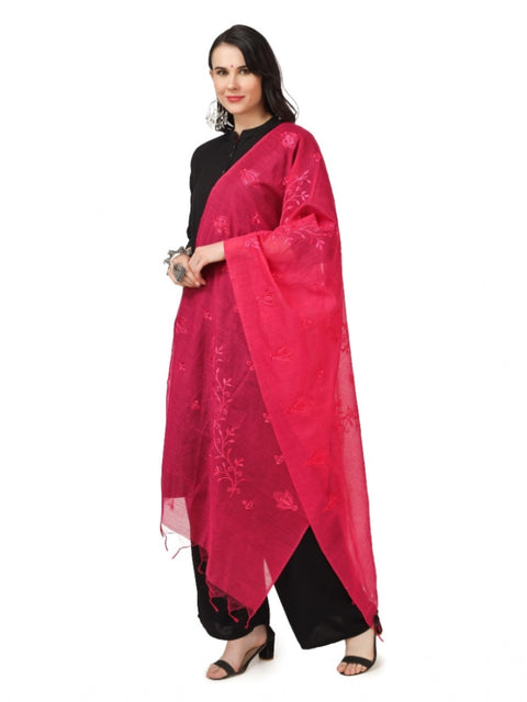 Generic Women's Cotton Embroidered Dupatta (Maroon, Length: 2.25 to 2.50 Mtr)