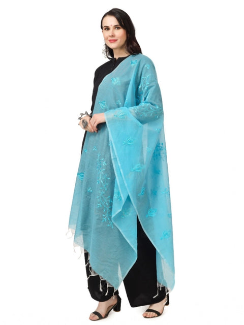 Generic Women's Cotton Embroidered Dupatta (Aqua Blue, Length: 2.25 to 2.50 Mtr)