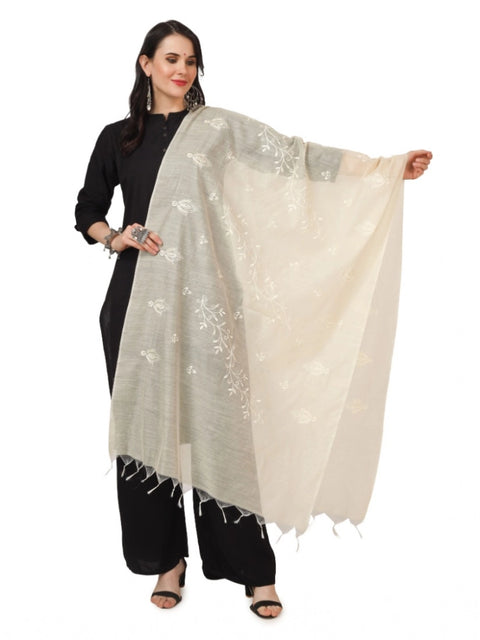 Generic Women's Cotton Embroidered Dupatta (Off-White, Length: 2.25 to 2.50 Mtr)