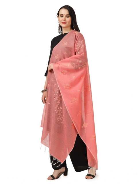 Generic Women's Cotton Embroidered Dupatta (Peach, Length: 2.25 to 2.50 Mtr)