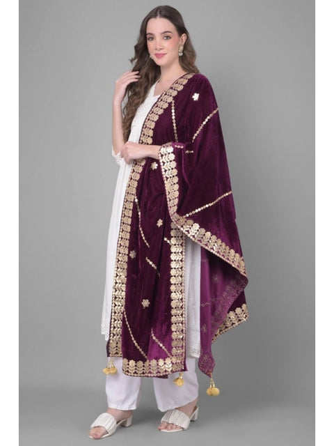 Generic Women's Velvet Gotta Patti Dupatta (Wine, Length: 2.25 to 2.50 Mtr)