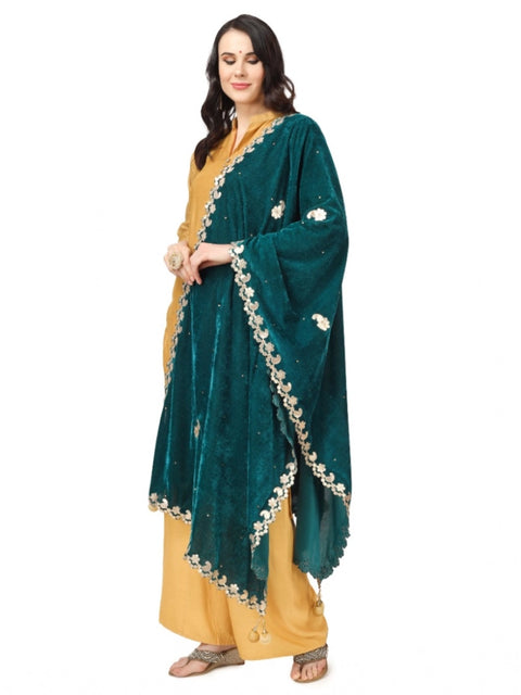 Generic Women's Velvet Gotta Patti Dupatta (Dark Green, Length: 2.25 to 2.50 Mtr)