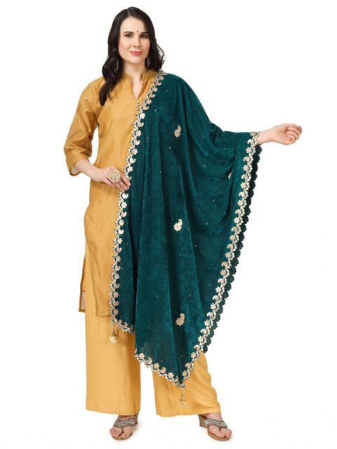 Generic Women's Velvet Gotta Patti Dupatta (Dark Green, Length: 2.25 to 2.50 Mtr)