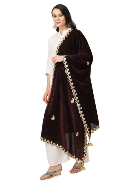 Generic Women's Velvet Gotta Patti Dupatta (Brown, Length: 2.25 to 2.50 Mtr)