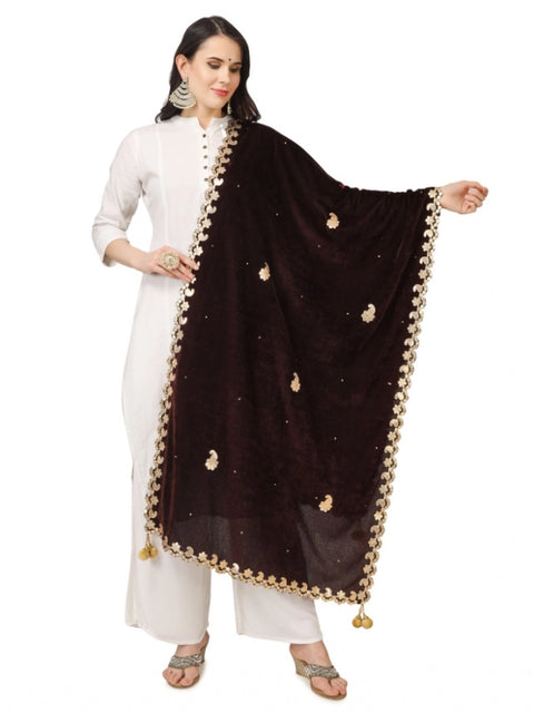 Generic Women's Velvet Gotta Patti Dupatta (Brown, Length: 2.25 to 2.50 Mtr)