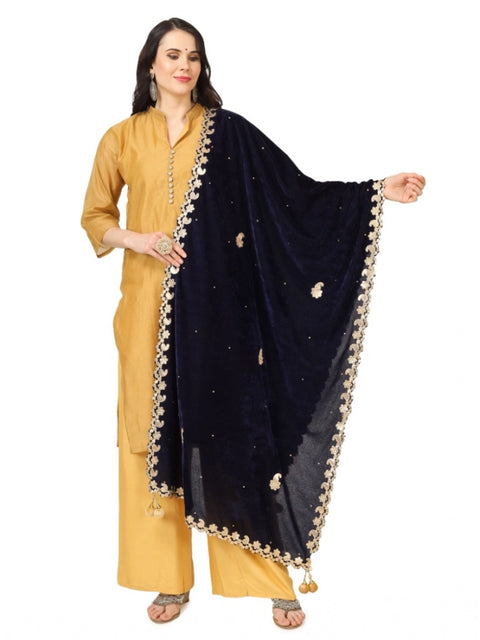 Generic Women's Velvet Gotta Patti Dupatta (Blue, Length: 2.25 to 2.50 Mtr)