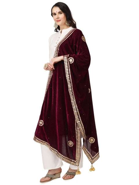 Generic Women's Velvet Gotta Patti Dupatta (Purple, Length: 2.25 to 2.50 Mtr)