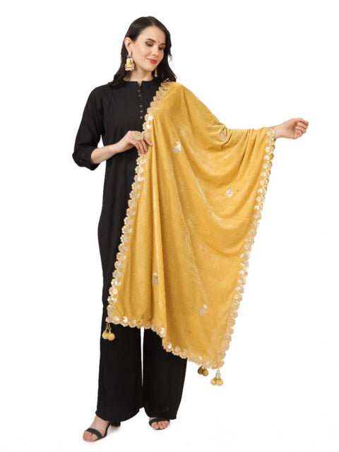 Generic Women's Velvet Gotta Patti Dupatta (Yellow, Length: 2.25 to 2.50 Mtr)