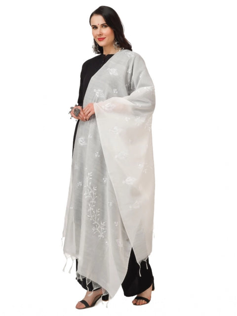 Generic Women's Cotton Embroidered Dupatta (White, Length: 2.25 to 2.50 Mtr)
