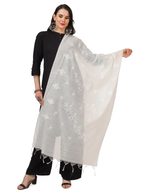 Generic Women's Cotton Embroidered Dupatta (White, Length: 2.25 to 2.50 Mtr)
