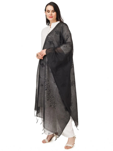 Generic Women's Cotton Embroidered Dupatta (Black, Length: 2.25 to 2.50 Mtr)