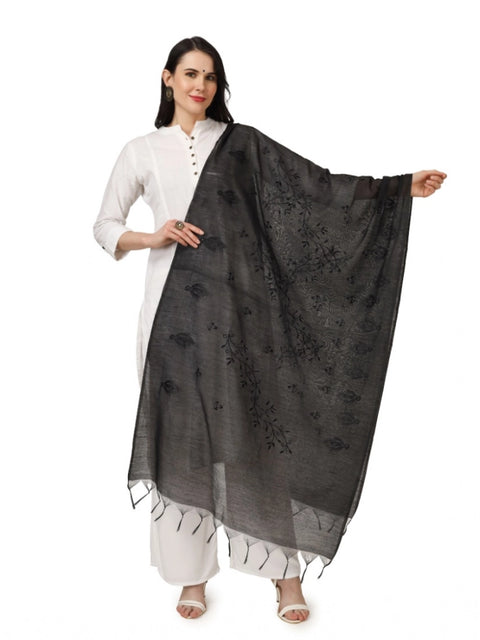 Generic Women's Cotton Embroidered Dupatta (Black, Length: 2.25 to 2.50 Mtr)