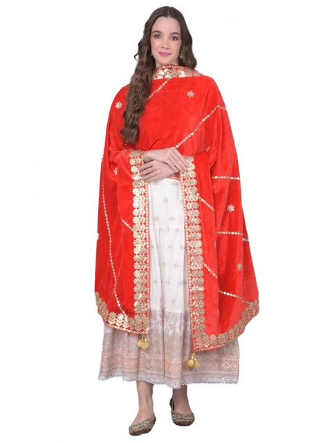 Generic Women's Velvet Gotta Patti Dupatta (Red, Length: 2.25 to 2.50 Mtr)