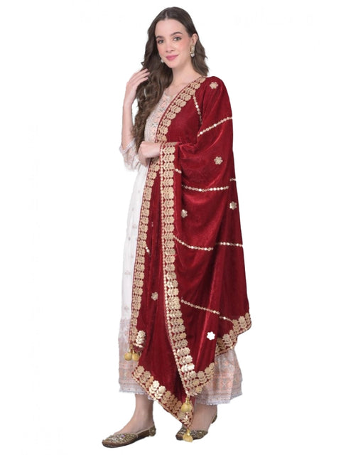 Generic Women's Velvet Gotta Patti Dupatta (Maroon, Length: 2.25 to 2.50 Mtr)