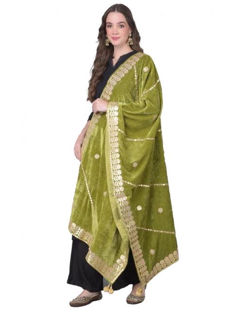 Generic Women's Velvet Gotta Patti Dupatta (Olive, Length: 2.25 to 2.50 Mtr)