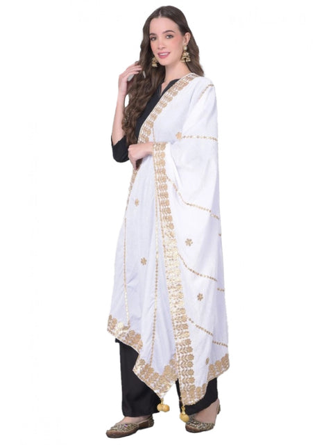 Generic Women's Velvet Gotta Patti Dupatta (Off White, Length: 2.25 to 2.50 Mtr)