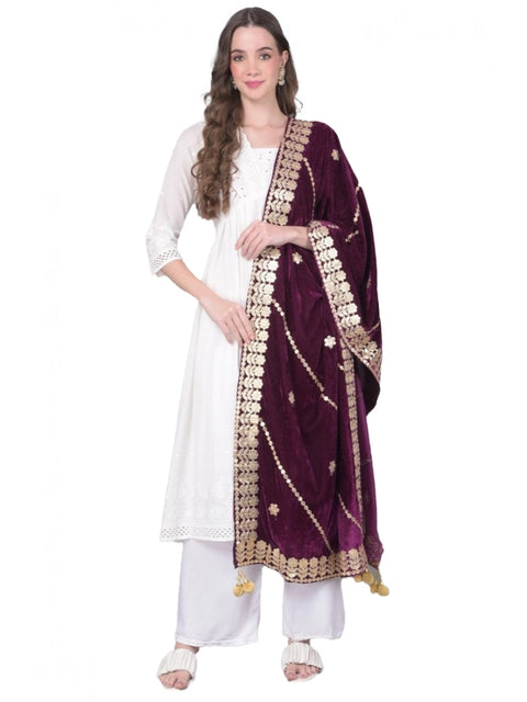 Generic Women's Velvet Gotta Patti Dupatta (Wine, Length: 2.25 to 2.50 Mtr)