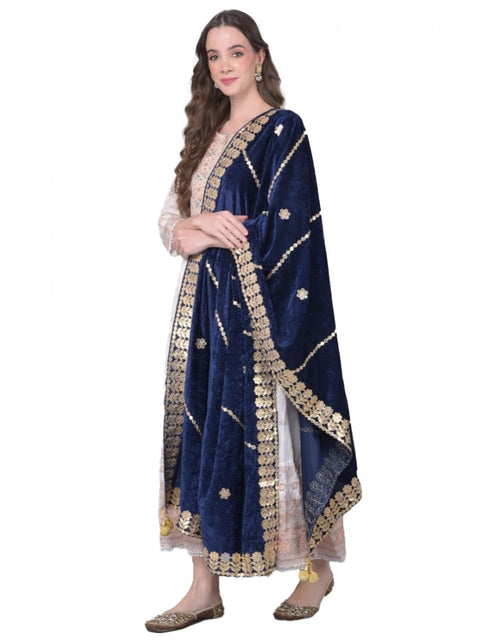 Generic Women's Velvet Gotta Patti Dupatta (Navy, Length: 2.25 to 2.50 Mtr)