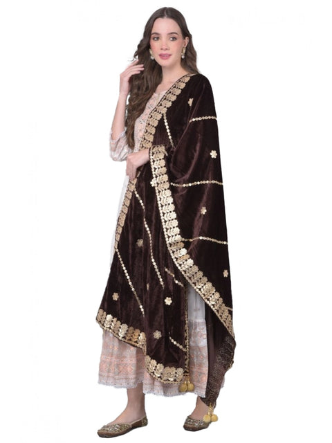 Generic Women's Velvet Gotta Patti Dupatta (Brown, Length: 2.25 to 2.50 Mtr)