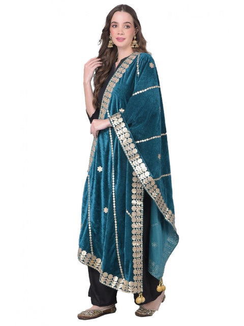 Generic Women's Velvet Gotta Patti Dupatta (Teal, Length: 2.25 to 2.50 Mtr)