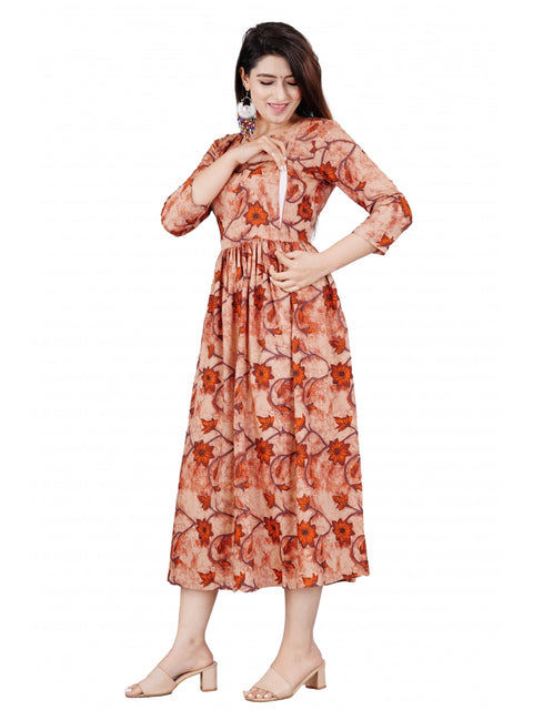 Generic Women's Casual 3/4 Sleeve Printed Viscose Maternity Feeding Kurti (Brown)