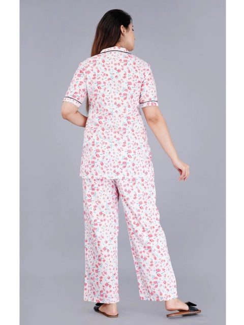 Generic Women's Casual Half Sleeve Printed Viscose Rayon Shirt With Pyjama Pant Night Suit Set (Baby Pink)
