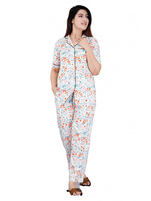 Generic Women's Casual Half Sleeve Printed Viscose Rayon Shirt With Pyjama Pant Night Suit Set (White)