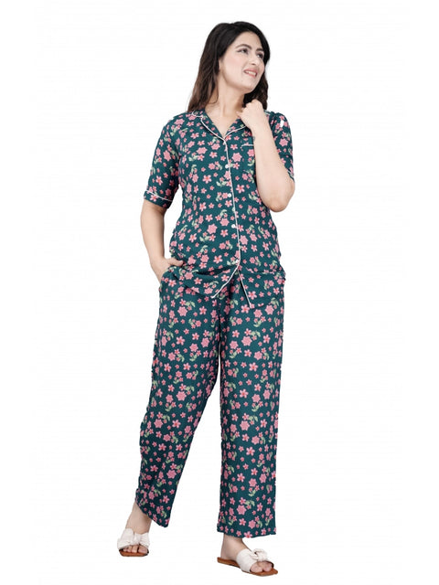 Generic Women's Casual Half Sleeve Printed Viscose Rayon Shirt With Pyjama Pant Night Suit Set (Teal)