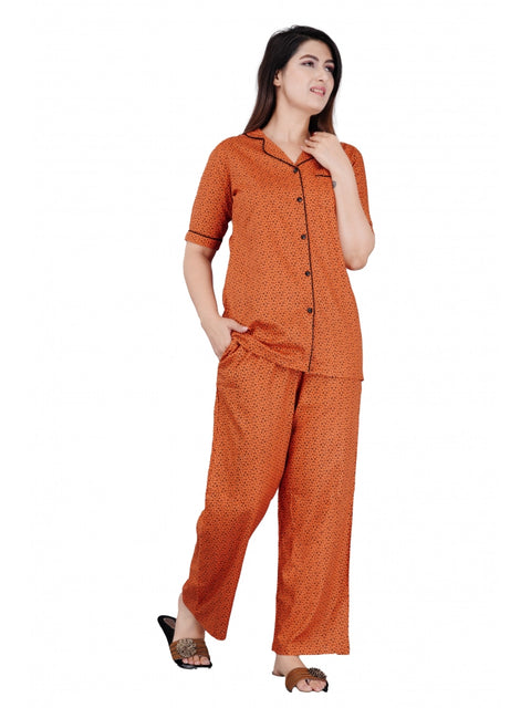 Generic Women's Casual Half Sleeve Printed Viscose Rayon Shirt With Pyjama Pant Night Suit Set (Brown)