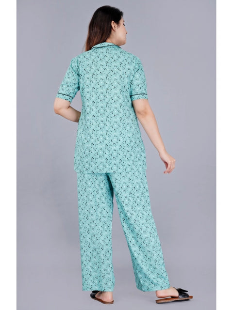 Generic Women's Casual Half Sleeve Printed Viscose Rayon Shirt With Pyjama Pant Night Suit Set (Green)