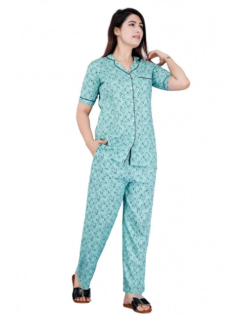 Generic Women's Casual Half Sleeve Printed Viscose Rayon Shirt With Pyjama Pant Night Suit Set (Green)