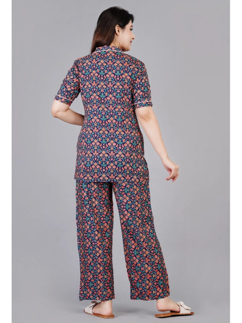 Generic Women's Casual Half Sleeve Printed Viscose Rayon Shirt With Pyjama Pant Night Suit Set (Blue)