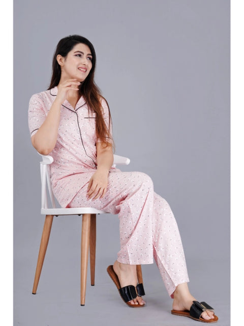 Generic Women's Casual Half Sleeve Printed Viscose Rayon Shirt With Pyjama Pant Night Suit Set (Pink)