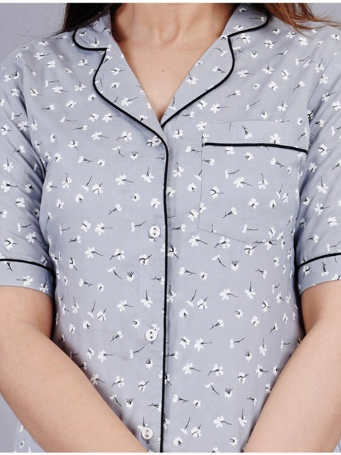Generic Women's Casual Half Sleeve Printed Viscose Rayon Shirt With Pyjama Pant Night Suit Set (Grey)