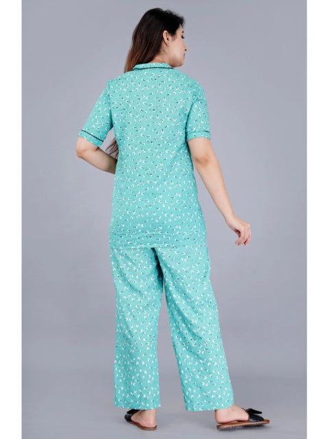 Generic Women's Casual Half Sleeve Printed Viscose Rayon Shirt With Pyjama Pant Night Suit Set (Green)