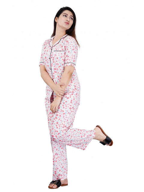 Generic Women's Casual Half Sleeve Printed Viscose Rayon Shirt With Pyjama Pant Night Suit Set (Baby Pink)