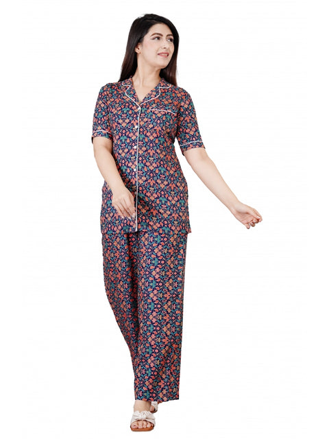 Generic Women's Casual Half Sleeve Printed Viscose Rayon Shirt With Pyjama Pant Night Suit Set (Blue)