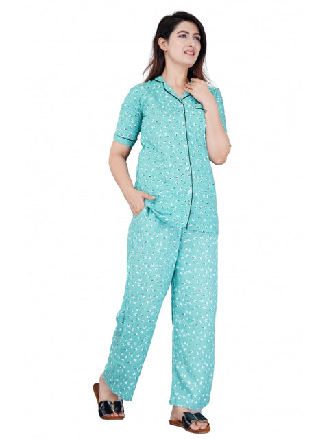 Generic Women's Casual Half Sleeve Printed Viscose Rayon Shirt With Pyjama Pant Night Suit Set (Green)