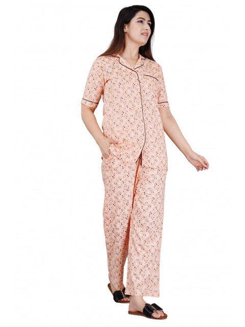 Generic Women's Casual Half Sleeve Printed Viscose Rayon Shirt With Pyjama Pant Night Suit Set (Peach)