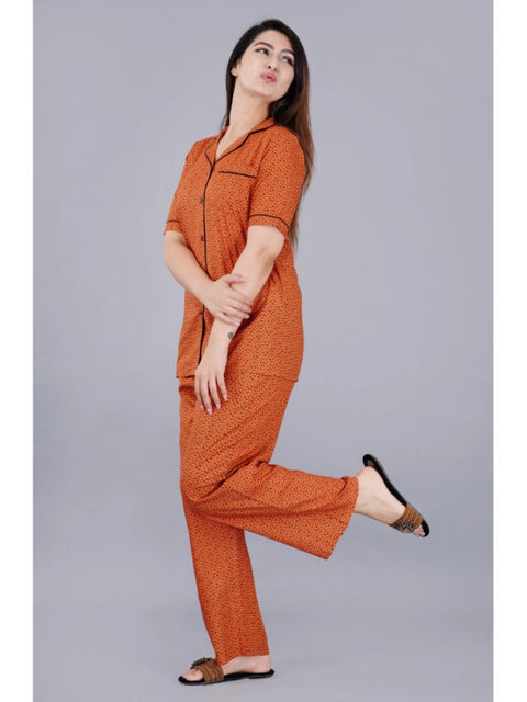 Generic Women's Casual Half Sleeve Printed Viscose Rayon Shirt With Pyjama Pant Night Suit Set (Brown)