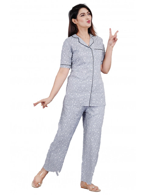 Generic Women's Casual Half Sleeve Printed Viscose Rayon Shirt With Pyjama Pant Night Suit Set (Grey)