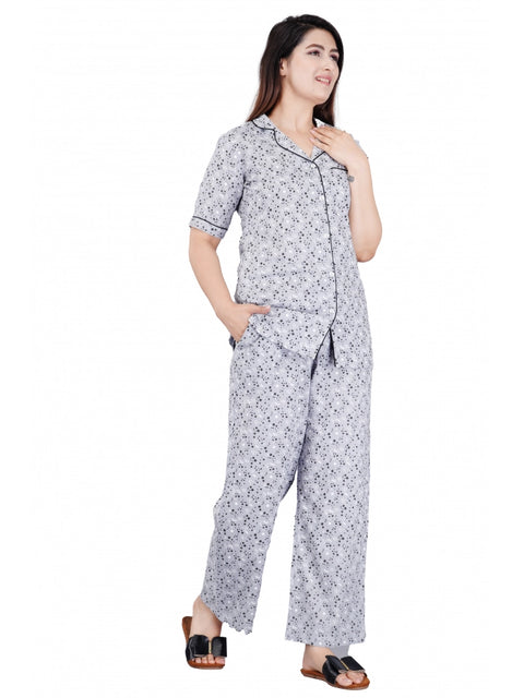 Generic Women's Casual Half Sleeve Printed Viscose Rayon Shirt With Pyjama Pant Night Suit Set (Grey)