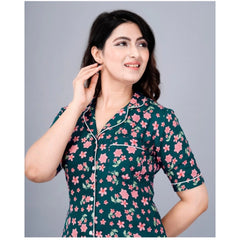 Generic Women's Casual Half Sleeve Printed Viscose Rayon Shirt With Pyjama Pant Night Suit Set (Teal)