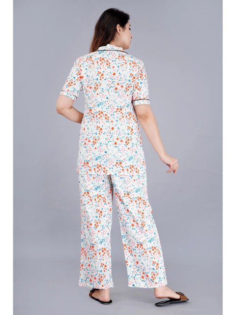 Generic Women's Casual Half Sleeve Printed Viscose Rayon Shirt With Pyjama Pant Night Suit Set (White)
