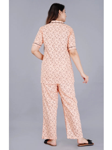 Generic Women's Casual Half Sleeve Printed Viscose Rayon Shirt With Pyjama Pant Night Suit Set (Peach)