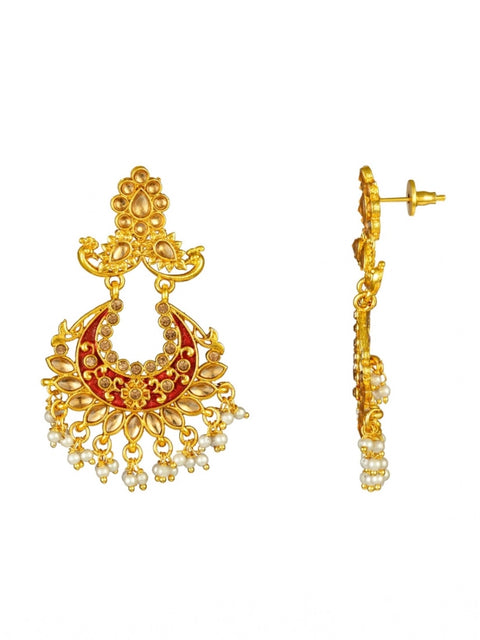 Women's Rose Gold Plated Alloy Kundan Earrings & Mangtikka (Maroon)